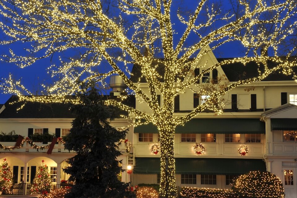 Vue d'une maison avec ses arbres, arbustes et couronnes illuminés pour le temps des Fêtes